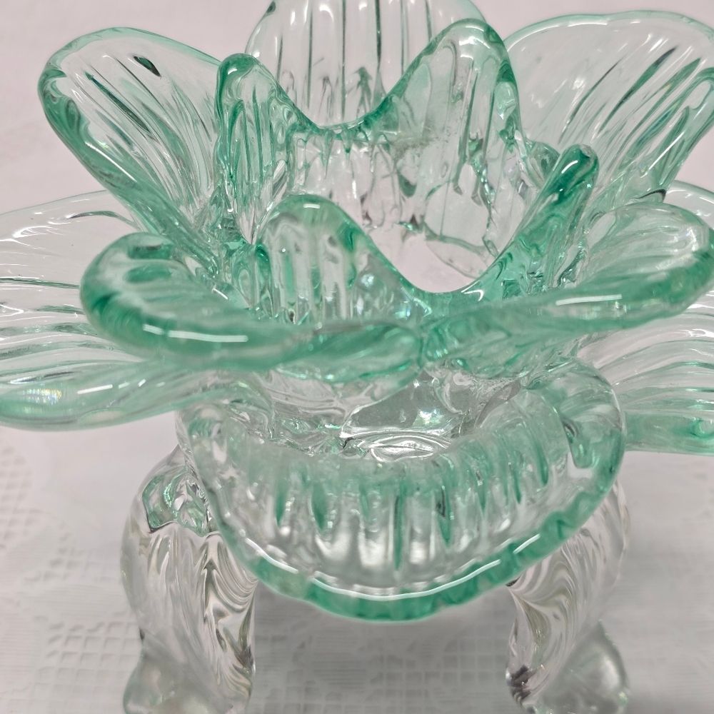 Vintage Teal Recycled Glass Footed Lotus Flower Candle Holder Art Deco Boho - Picture 7 of 11